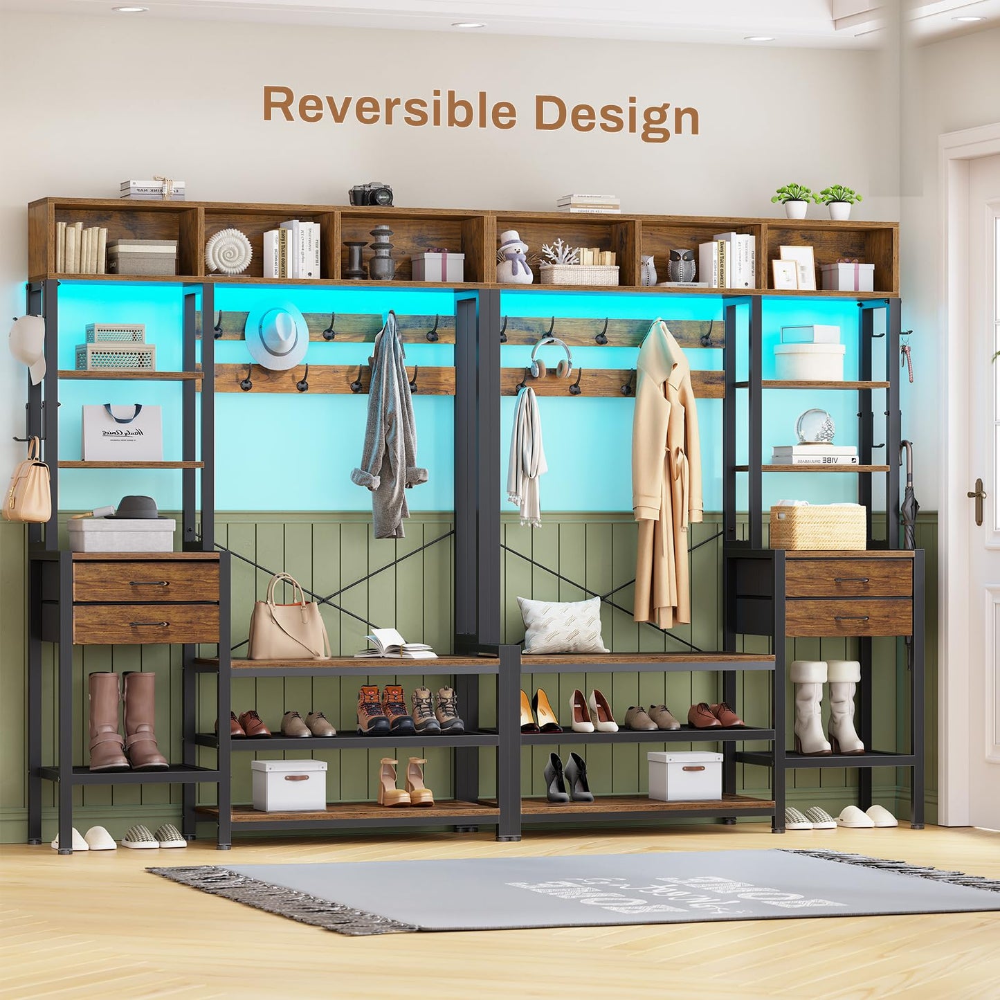 Itaar Hall Tree with Bench and Shoe Storage, 7-in-1 Entryway Bench with Coat Rack, 3 Storage Cubbies, 3 Storage Shelves, 17 Coat Hooks, 2 Fabric Drawers (Rustic Brown)