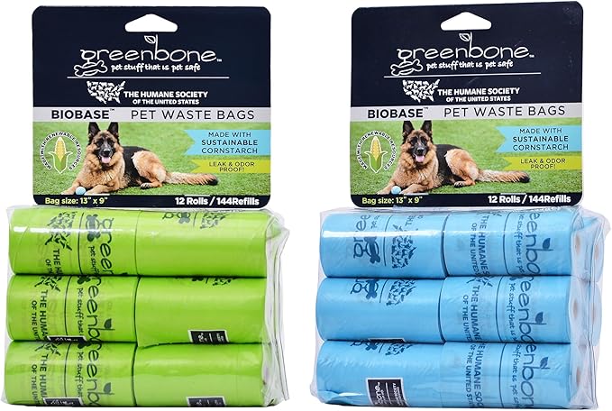 The Humane Society by Greenbone Biobase Pet Poop Bags - 12 Rolls - 144 Refills - Leak Proof 13 inch x 9 inch