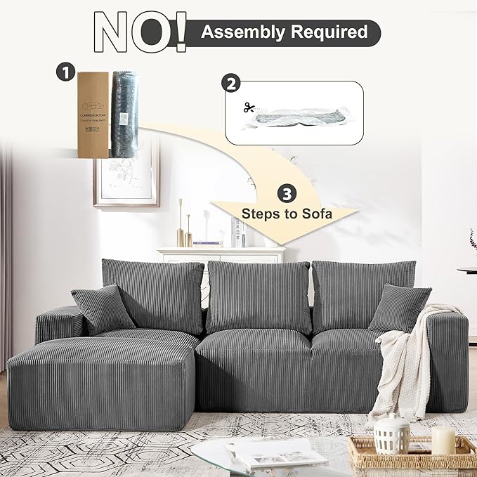 108" Modular Sectional Sofa, Compression Sofa with Deep Seat, Modular L-Shape Couch with Chaise, Upholstered Couches for Living Room Bedroom, No Assembly Required (Grey Corduroy, 108" L Shape)