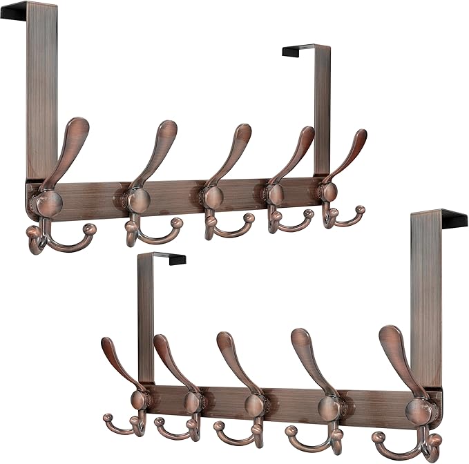 Dseap Over Door Hook 2.0 - Upgraded Version - Simple-Assembly, Strong, Heavy-Duty Stainless Steel 5-Tri-Hook Over The Door Hanger Rack, SimpleStrong Series, Antique Copper, Pack of 2