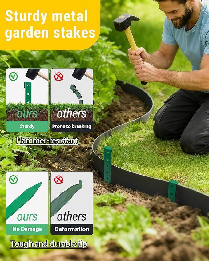 LIDUOMINIKE 20Pcs Metal Garden Landscape Edging Stakes,Green,10 Inch Landscaping Stakes, Anchoring Spikes, Landscape Edging Spikes for Ground,Bender Board,Tent Anchoring,Inflatable Decorations