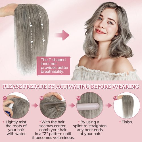 SEGO Pro Hair Toppers for Women Real Human Hair with No Bangs 3.1×3.9 Inch Silk Base Clip-In Topper Natural Looking Hairpieces for Women（8 Inch,Light Grey）