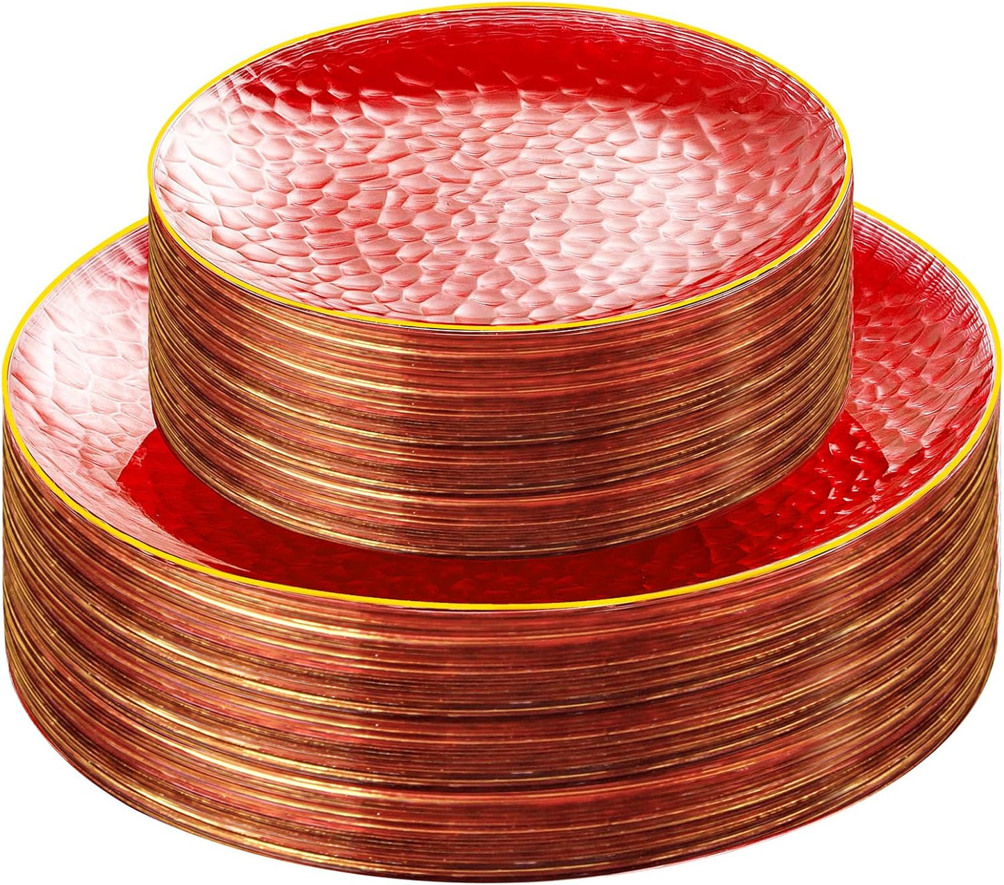 Rubtlamp 60 Pcs Red Plasitc Plates, Clear Red Disposable Plates With Gold Rim, Fancy Party Plates, red Hammered Plastic plates Include 30 Dessert Platos, 30 Dinner Platos