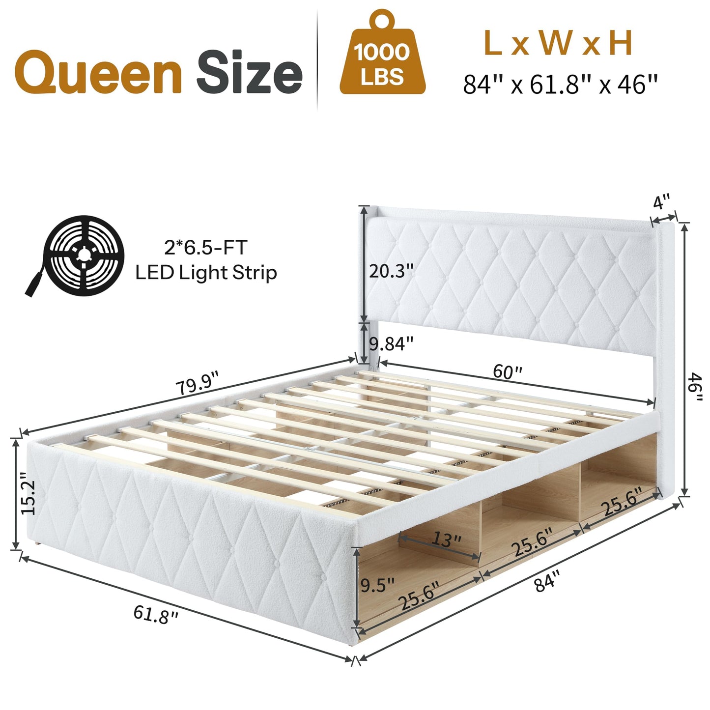 DynJest Queen Size Bed Frame with 6 Storage Cabinet and LED Lights, Boucle Upholstered Button Tufted Headboard - Includes Charging Station, Noise-Free, No Box Spring Needed, (Modern Style) White