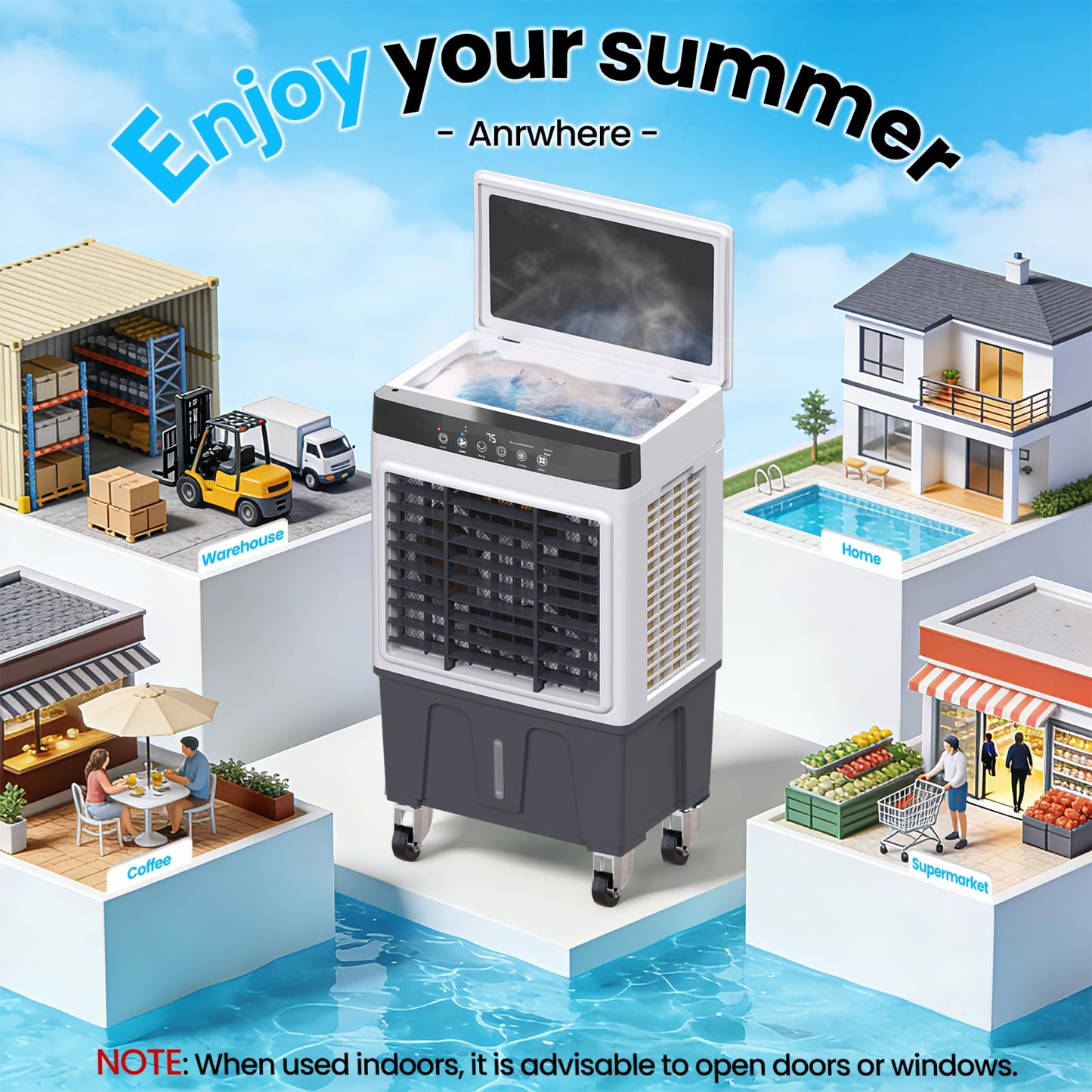 Portable Swamp Cooler Air Conditioner, 4-in-1 Evaporative Air Cooler with 7.5-Gal Tank for 30H Cooling, Dry-Burn Protection, Remote, 12H Timer, 4 Ice Packs, 120° Oscillation for Home Office Garage