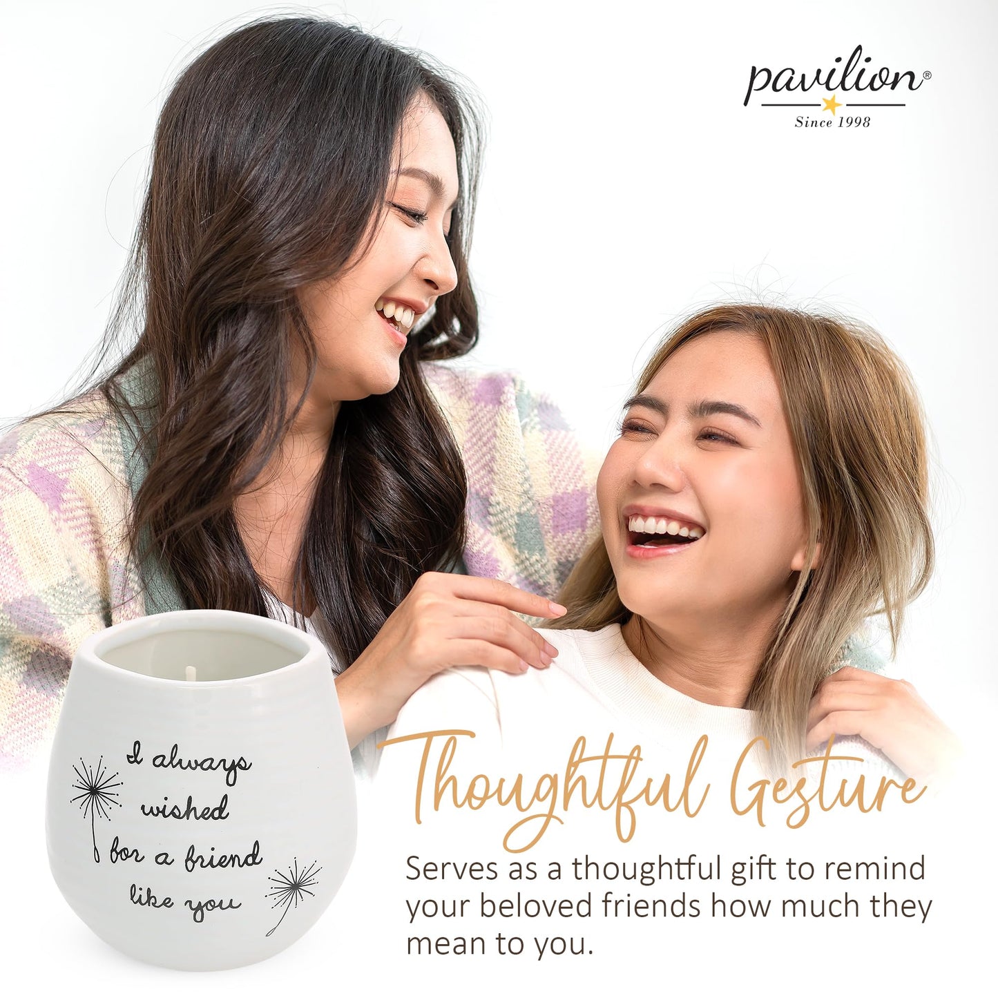 Pavilion - 8 Oz Candle Holder - White Ceramic Candle Jar with 100% Soy Wax Candle Cotton Scent "I Always Wished For A Friend Like You" Ideal Gift for a Friend - Printed Text, Love Theme & Oval Shape