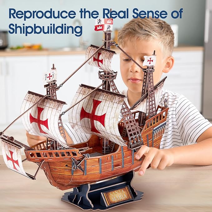 CubicFun 3D Puzzles for Adults Santa Maria Ship Model Spanish Vessel Puzzles for Adults and Kids, Desk Decor Building Kits Brain Teaser Hobby Gifts for Women and Men, 204 Pieces