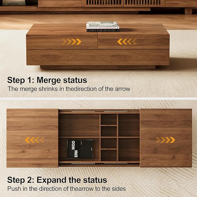 Pajiasen Mid-Century Modern Farmhouse 47.2-81.8" Expandable Coffee Table，Adjustable Center Table with Large Storage for Living Room, Walnut