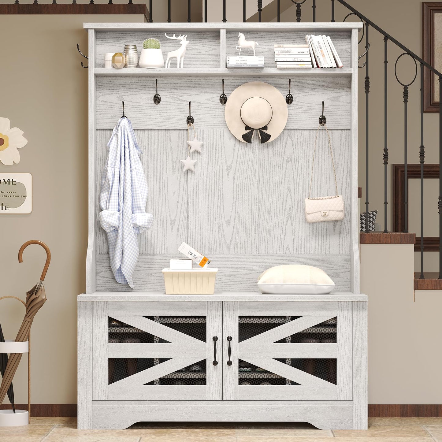 Itaar Hall Tree with Bench and Shoe Storage, 5-in-1 Entryway Bench with Coat Rack, 10 Shoe Cubbies & 9 Coat Hooks, Barn Door & Adjustable Shelf (Embossed White)