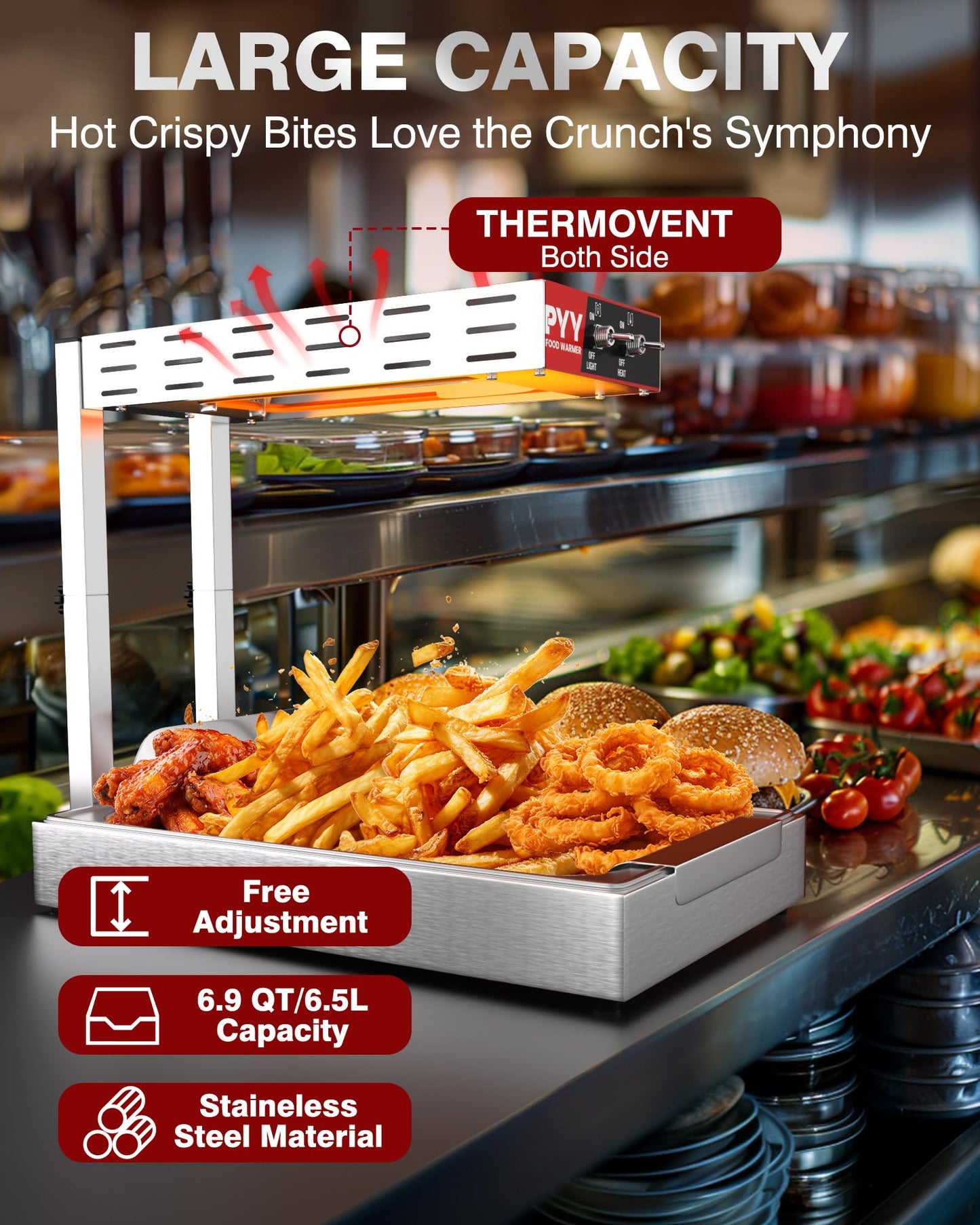 PYY French Fry Warmer - 500W Commercial Food Heat Lamp Fry Dump Station Chip Warmer Food Warmer Adjustable Height 15.4"-18.5" Temp 86°F-156°F Countertop Freestanding Food Truck Restaurant Buffet