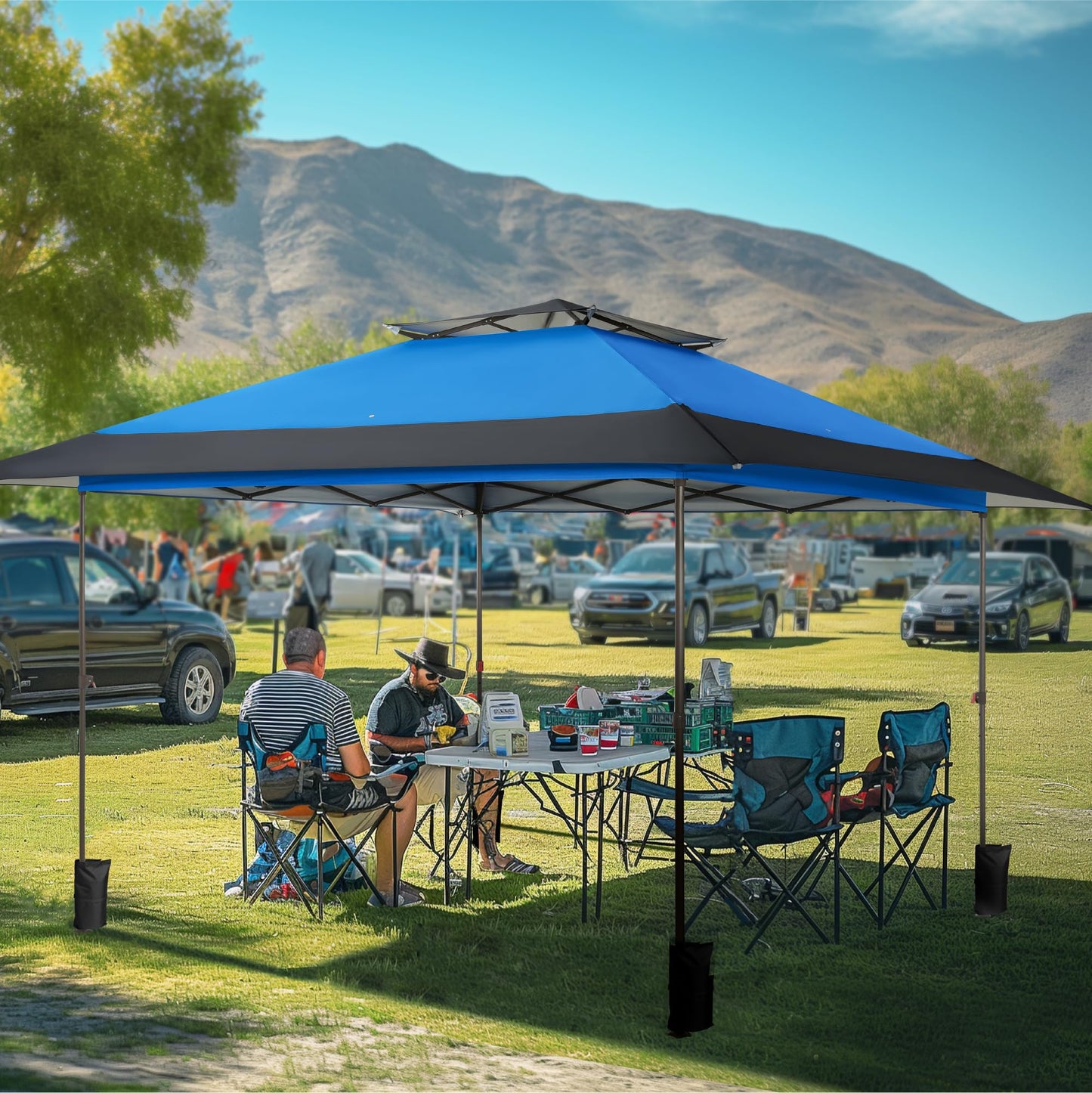 MFSTUDIO 13x13 1-Person Setup Pop Up Canopy Tent, Double-Tier Top Outdoor Instant Portable Shelter, Straight Legs, 169 sq.ft Large Sun Protection Shade, Blue