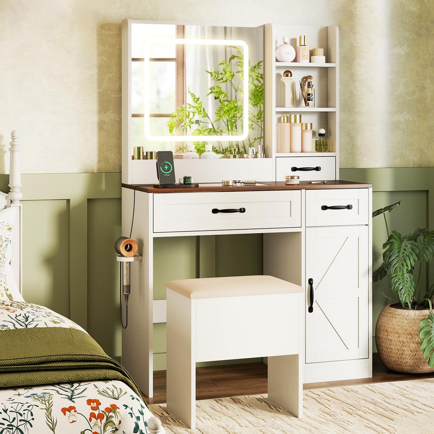 CHARMAID Glass Top Vanity Desk with Lighted Mirror, Storage Stool & Drawers, Charging Station, Farmhouse Makeup Vanity Table with Mirror and Lights for Bedroom
