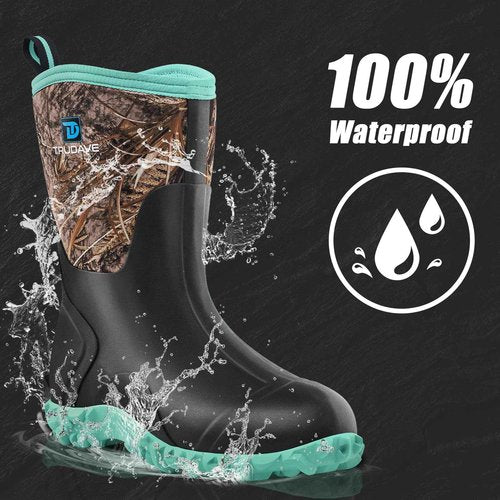 Trudave Rubber Boots for Women with Steel Shank, 6mm Neoprene Mid Calf Rain Boots, Waterproof Insulated Mud Work Boots All Season, Green, Size 10