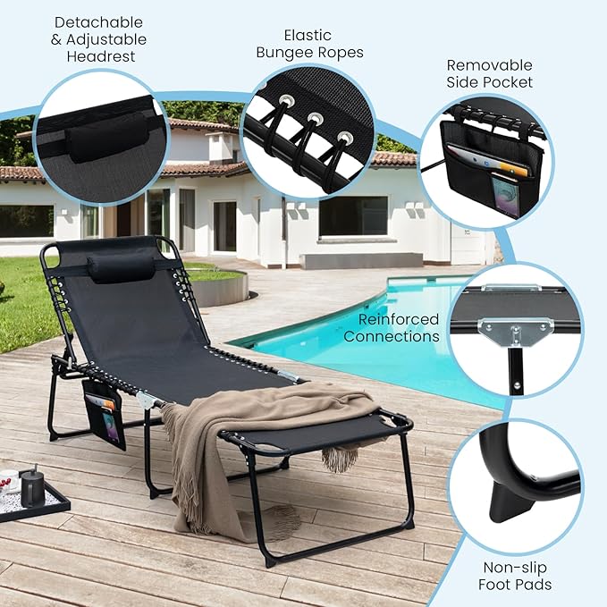 GYMAX Lounge Chair for Outside, 440lbs 27” Oversize Folding Beach Tanning Sunbath Chair with Adjustable Backrest & Removable Pillow, Lightweight Portable Patio Lounger for Lawn Poolside (1, Black)
