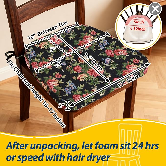 AAAAAcessories D-Shaped Chair Cushions, 2" Thick Dining Chair Pads with Ties and Removable, Machine-Washable Cover, 17" x 16", Set of 8, Night-Blooming Blossoms