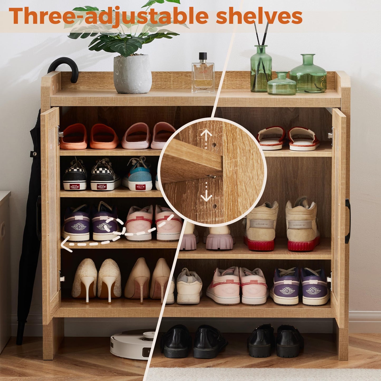 Mericonia Shoe Cabinet Storage for Entryway, Natural Rattan Shoe Storage Cabinet, Wooden Shoe Rack Cabinet, Farmhouse Boho Wood Shoe Organizer Cabinet for Hallway
