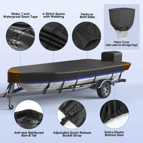 1200D 5-Layer Jon Boat Cover 16-18ft with Motor Cover | Super Waterproof (2-Layer PU, 1" Seam Tape) | UV Resistant, 11+4 Windproof Straps | Mooring/Trailerable