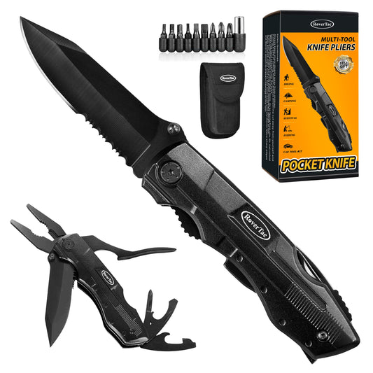 RoverTac Pocket Knife Multitool – 15-in-1 Folding Knife with Pliers, Screwdrivers & Bottle Opener – Multitool Knife with Safety Lock & Nylon Sheath for Camping, Hiking, Survival, EDC & Gifts for Men