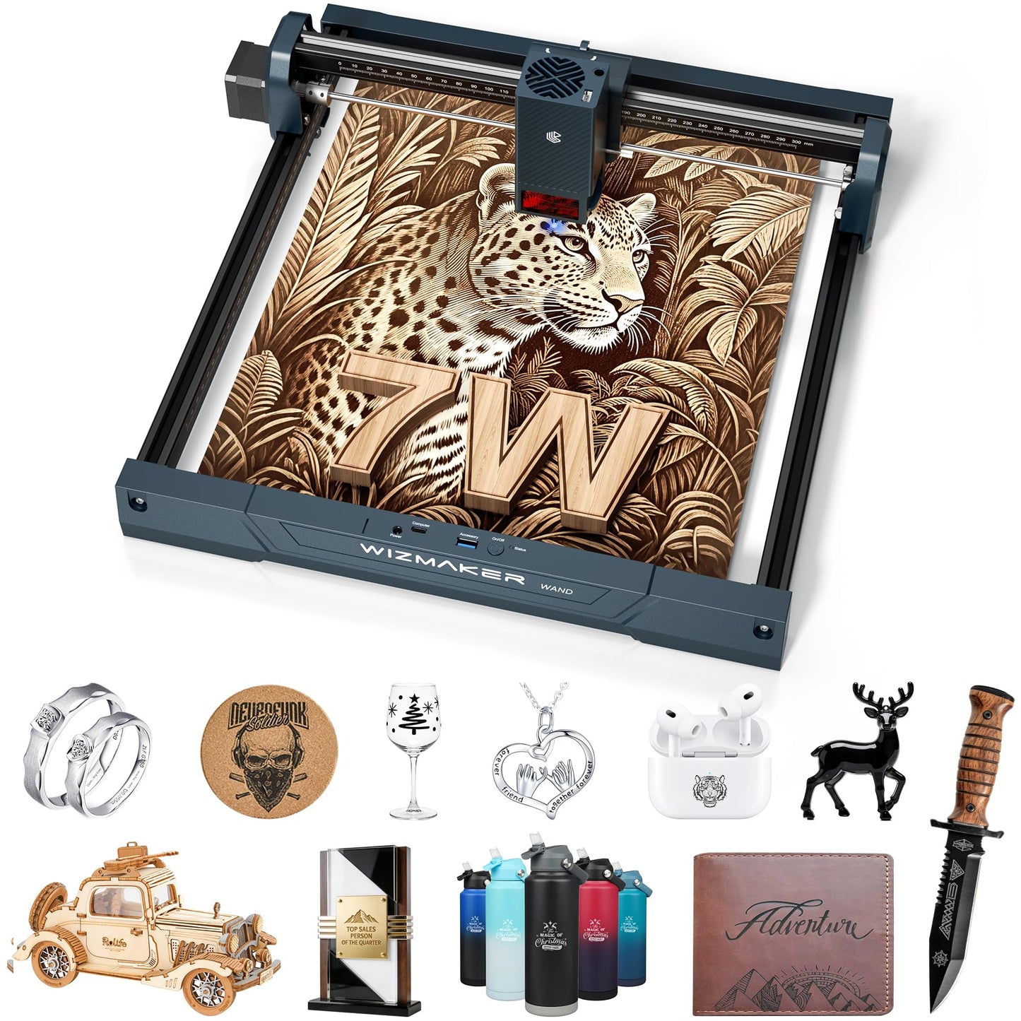 WIZMAKER Wand Laser Engraver and Cutter Machine, 7W(7000mW) for Wood, Leather, Paper, MDF, Felt, Compact Laser Cutter Portable DIY & Small Business Projects Desktop Laser Engraver