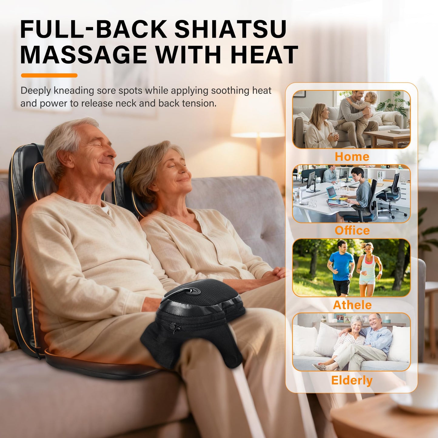 Shiatsu Neck Back Massager Chair Cushion w/heat - Full-Back Massage Cushion with Kneading, Rolling, Vibration- Adjustable Neck Height & Intensity - Heated Seat for Home & Office for Holiday Gift