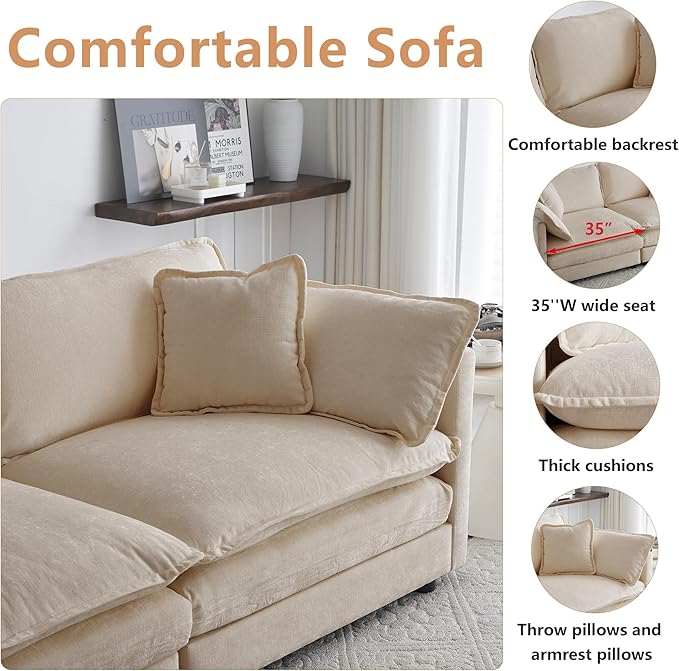 mikibama Luxury Modular Sectional Sofa, 111.5" Modern Chenille Comfy Cloud Couches for Living Room Office, 3 Seater Deep Sofa with 2 Armrest Pillows and 3 Toss Pillows, Light Coffee