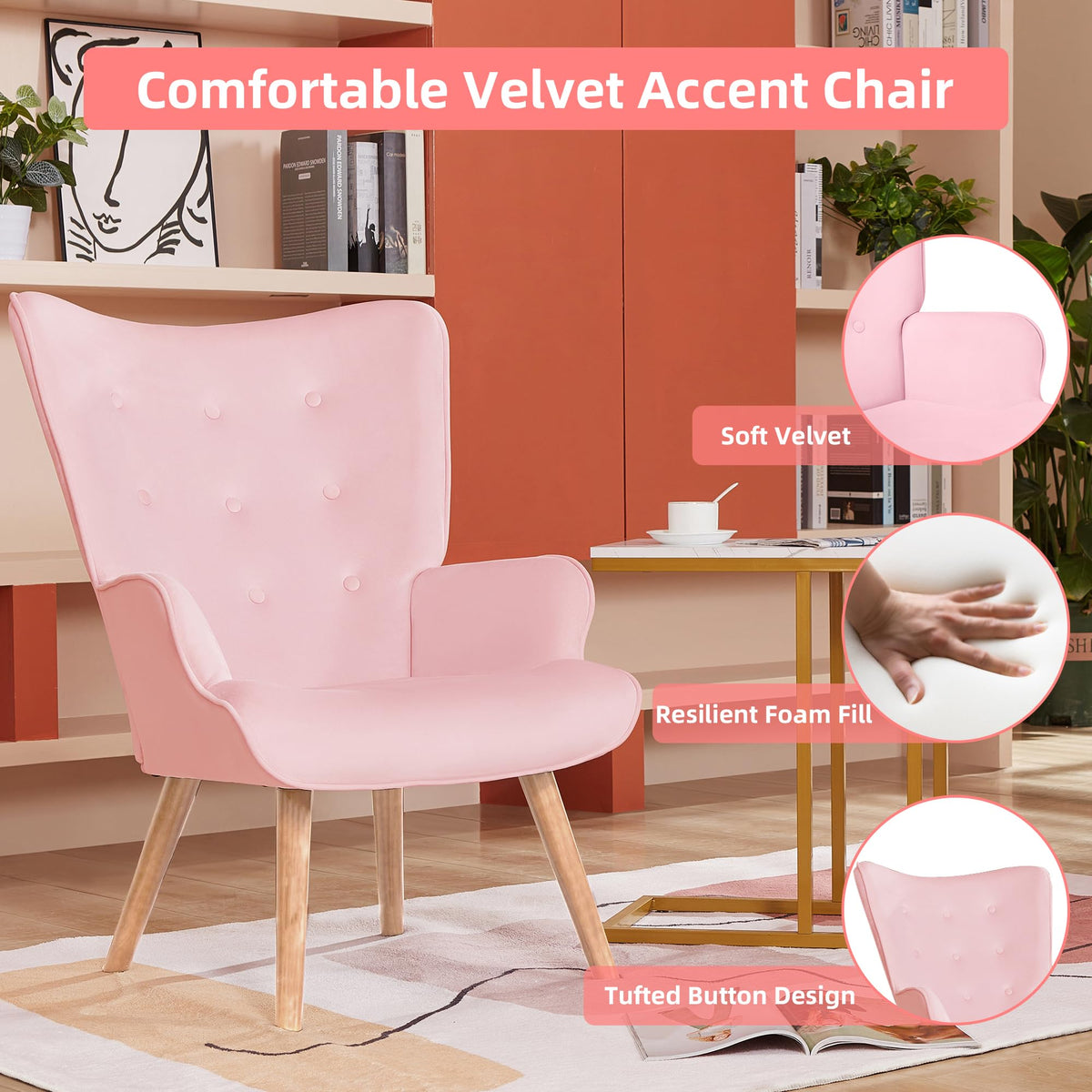 PrimeZone High Back Accent Chair - Large Mid-Century Modern Living Room Chair Reading Chair with Comfy Memory Foam Seat Cushion, Velvet Wingback Armchair for Bedroom, Corner, Pink