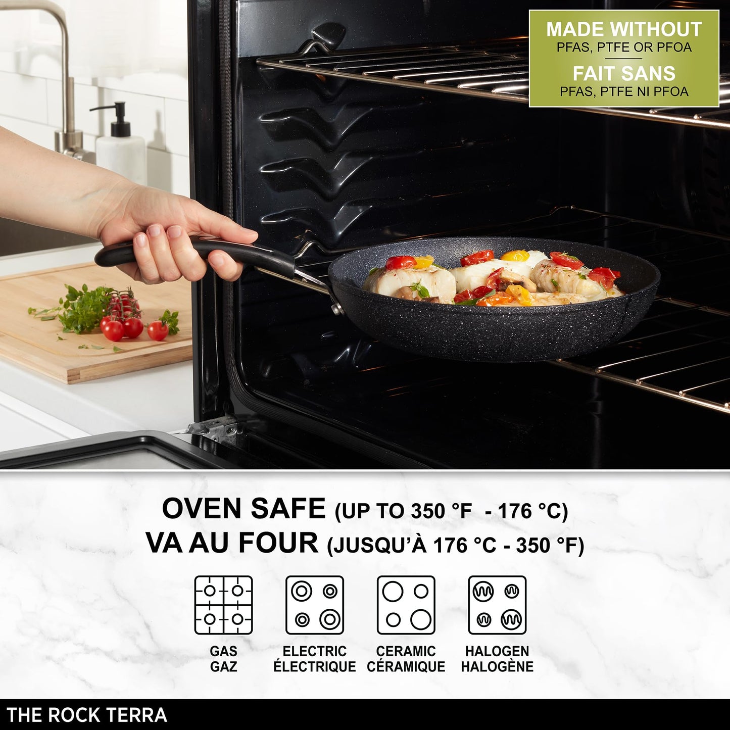 Starfrit The Rock Terra Ceramic Non-Stick Cookware Set, 8-Piece, Chemical-Free, Oven and Dishwasher Safe, with Saucepans, Stockpot, and Fry Pans, Black Marble