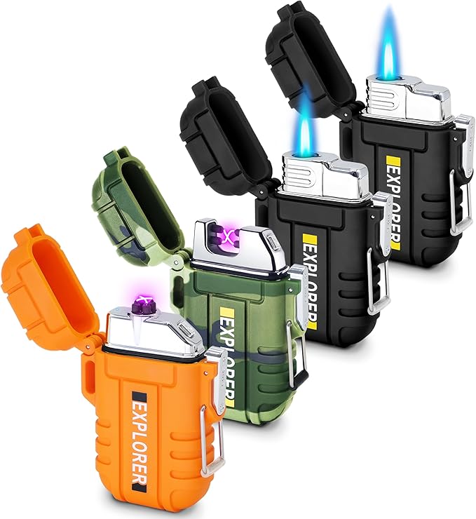 4 Pack Waterproof Lighter Outdoor Windproof Torch Lighters Dual Arc Lighters Butane Electric USB Rechargeable Flameless Pl...