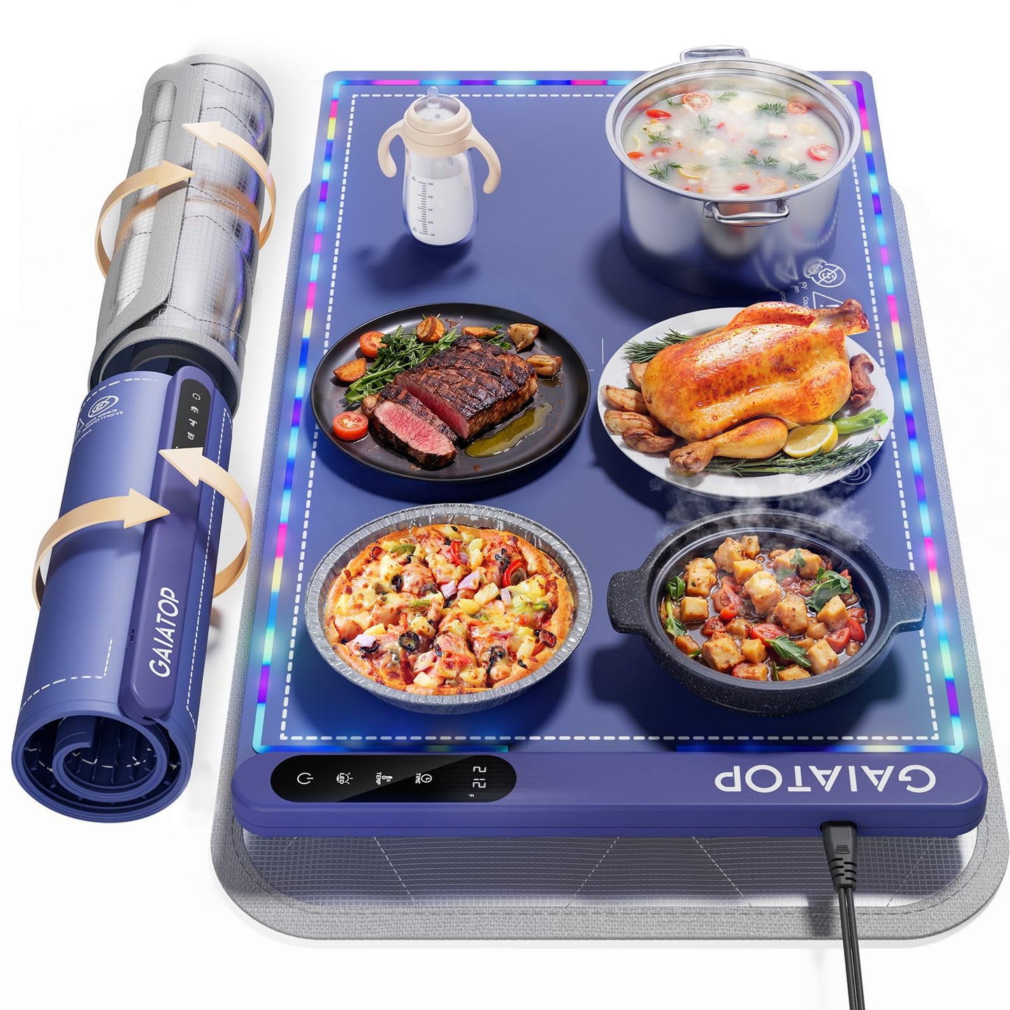 Gaiatop Warming Mat for Food with Trivet & Light, Plateful Food Warming Mats for Countertop, 6 Temp Level, 6 Timer Settings, Full-Surface Fast Heating, Portable Silicone Food Warmer for Parties Buffet