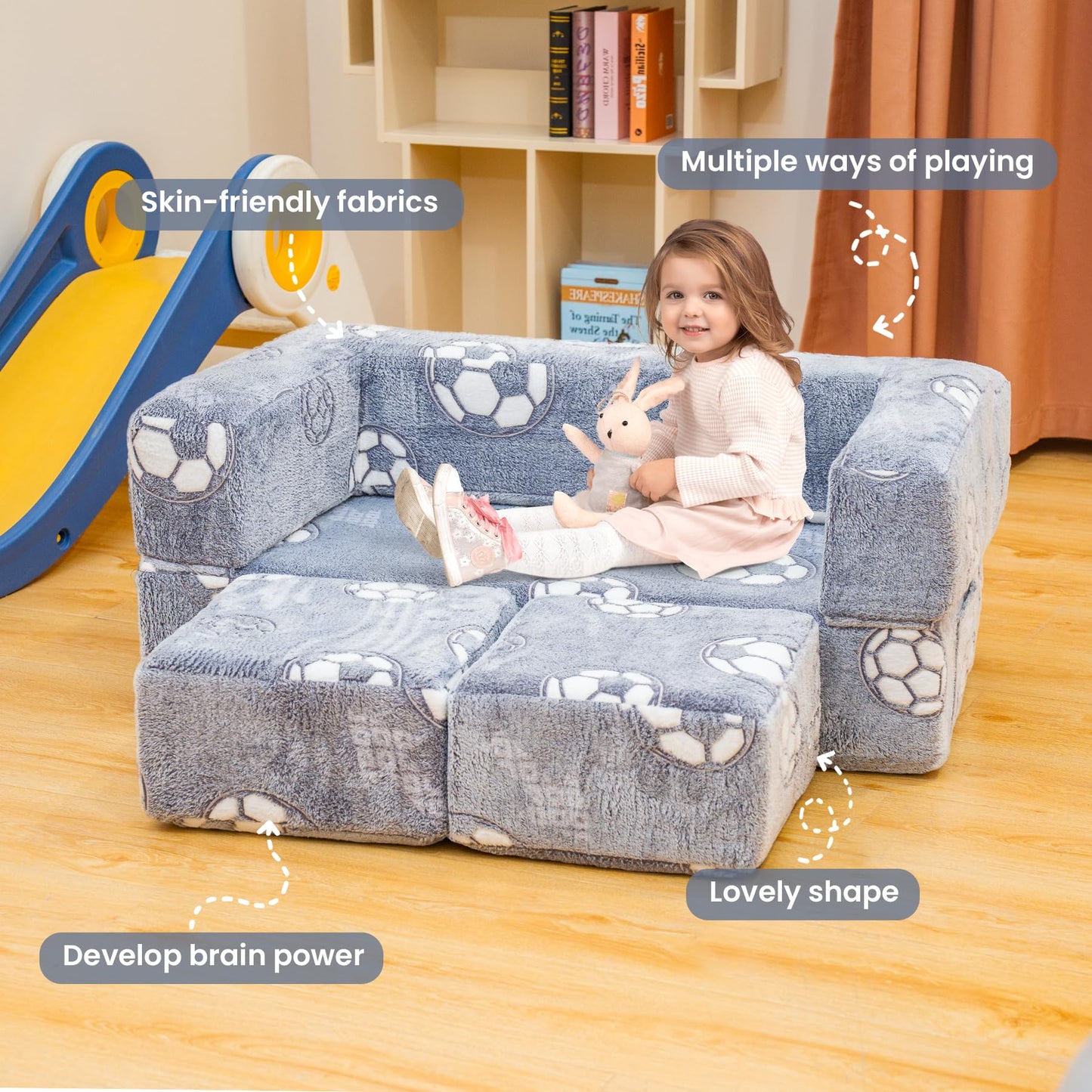 Lamerge Toddler Couch Glow in The Dark Toddler Fold Out Couch for playroom, Convertible Baby Fold Out Play Foam and Floor Cushion for Bedroom (Grey+Football)