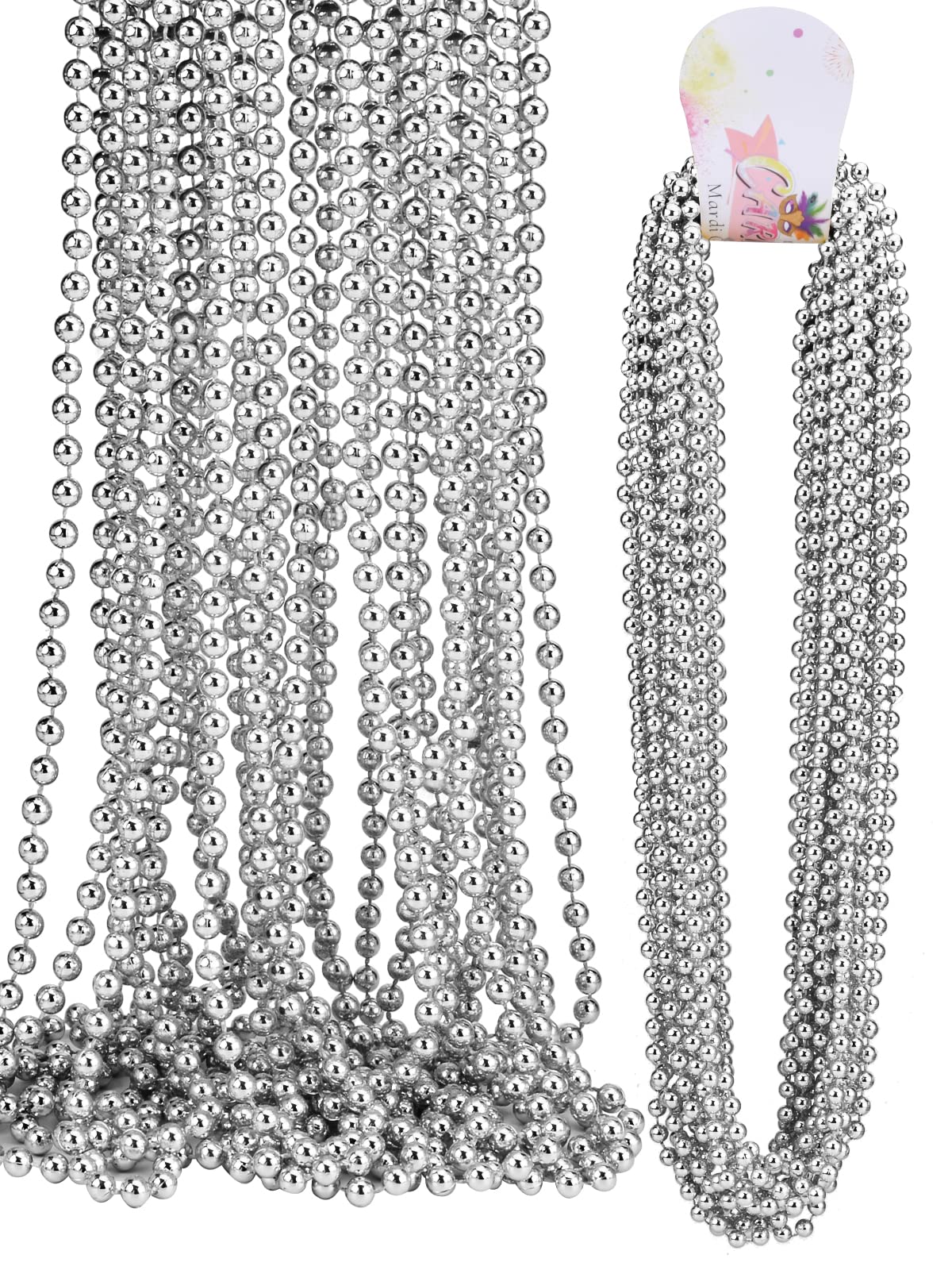 16 PCS 7mm Mardi Gras Bead Silver Faux Pearl Beads Necklaces Bulk Party Favor Plastic Play Pearl for 32 Carnival Necklaces Chris