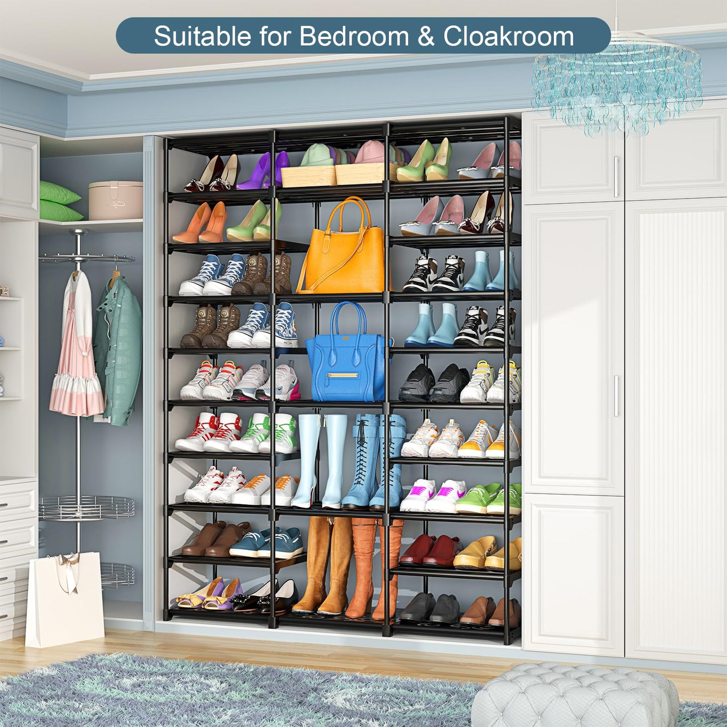 Kottwca 3 Row 10 Tier Large Shoe Rack Organizer for Closet Entryway, 60-65 Pair Shoe Boot Storage Rack, Metal Shoe Shelf Tall Vertical Stackable Shoe Stand for Bedroom Corner