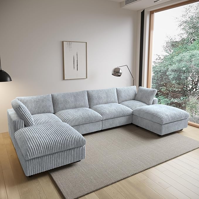 Modular Sectional Sofa/ 158inch Cloud Couches with Ottoman for Living Room/Soft Faux Rabbit Fur U Shaped Couch with Chaise,6 Seater Wide Convertible Sofa,Covers Washable&Replaceable,Grey