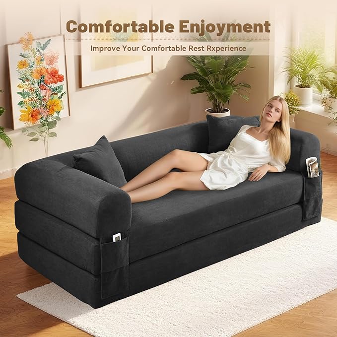 GJQ Convertible Futon Sofa Bed,80" Folding Pull Out Couch Bed with Pillows & Storage,Queen Sleeper Sofa Bed,Compressed Couch in a Box,Corduroy Boneless Couches for Living Room,Deep Gray