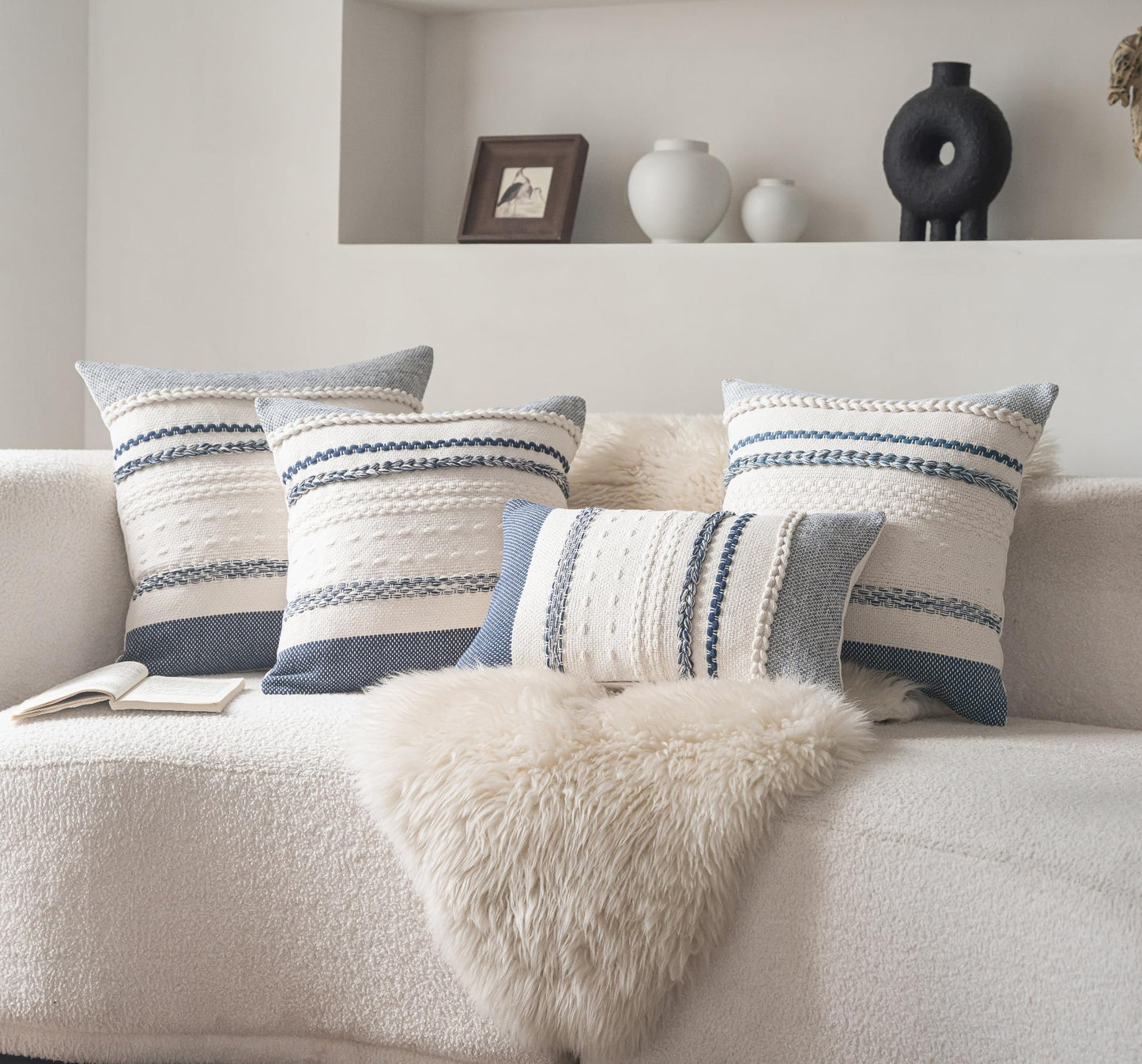 Cethom Boho Throw Pillow Covers 18x18 Inch Set of 2, Navy Blue Textured Decorative Couch Pillow Cases for Farmhouse Home Decor, Accent Cushion Cover for Sofa, Bed, Living Room, Bedroom