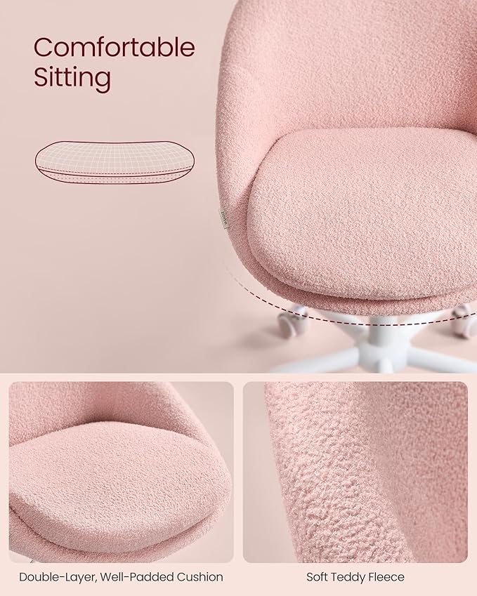 VASAGLE Vanity Chair with Lumbar Support, Adjustable Swivel Armless Desk Chair, Teddy Fleece, Compact for Small Spaces, Bedroom, Jelly Pink UOBG020R93