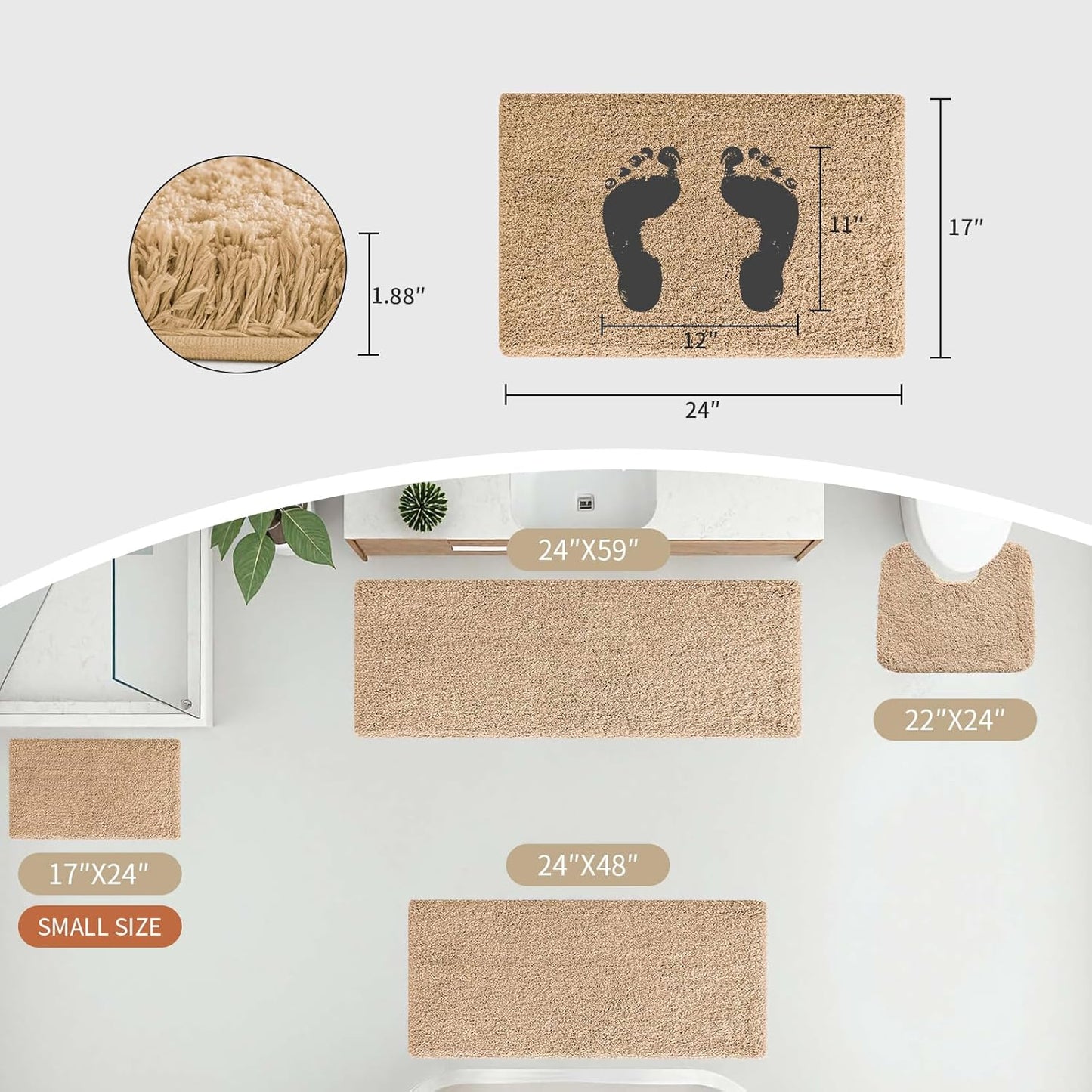 Beige Toilet Rug 22x24 Non Slip Fluffy Toilet Floor Mat U Shaped Washable Bathroom Contour Rug for Toilet Absorbent Thick Toilet Carpet