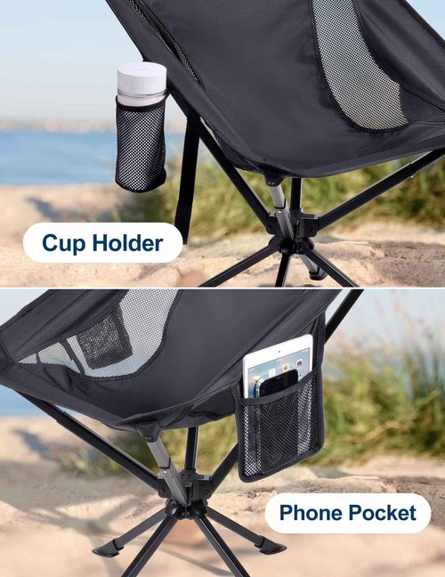 Docusvect Swivel Portable Camping Chair for Adults, Fast Setup, Lightweight & Small Folding Chair with Cup Holder, Side Pocket and Carry Bag - Support 330 LBS