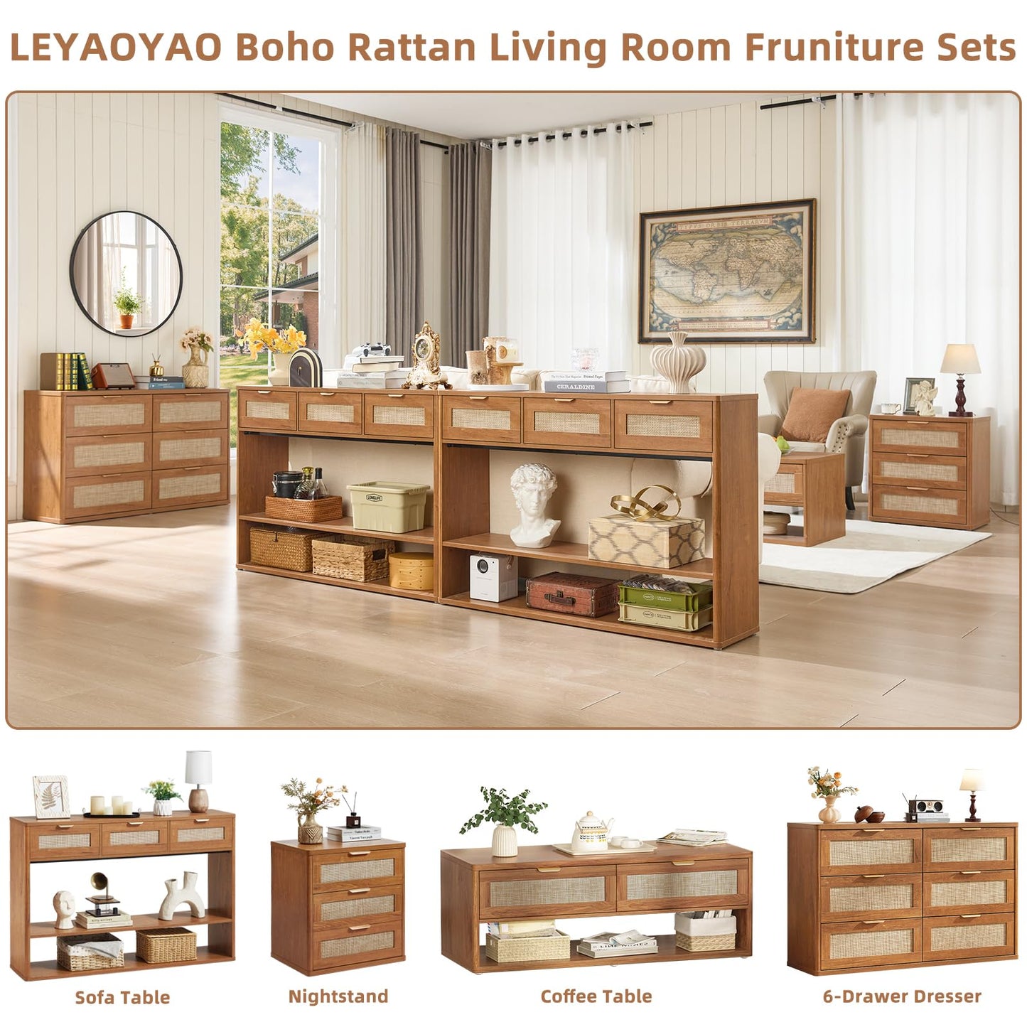 LEYAOYAO 48" Boho Rattan Console Table with 3 Drawers, 3 Tier Wooden Entryway Table with Open Storage Shelf, Narrow Long Behind Couch Sofa Tables for Living Room, Hallway, Entrance, Brown