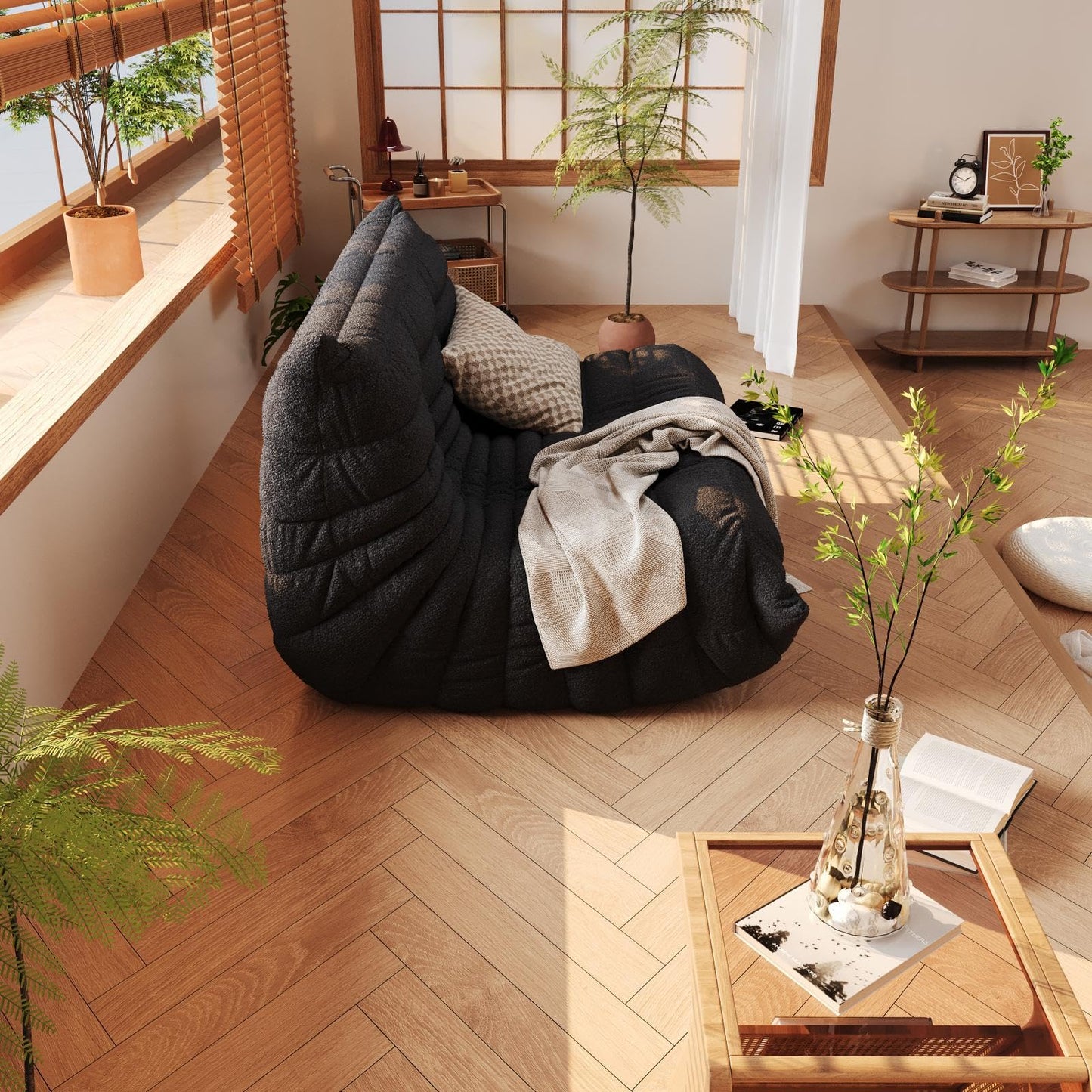 Bean Bag Chair, Fireside Chair, Large Bean Bag Chair for Adults, Bean Bag Chairs for Teens with High-Resilience Foam, Non-Slip Base Floor Lounge Sofa,Living Room (Black, Loveseat)