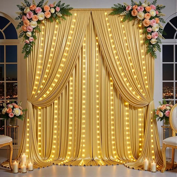 Outpain 10x10ft Gold Sequin Backdrop Curtains with Light -Lighted Up Gold Photo Backdrops with Non-Shedding Glitter, Wrink...