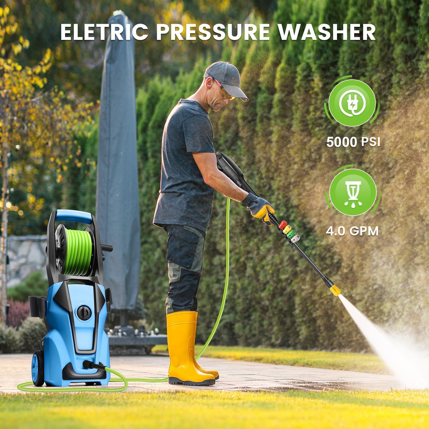 Electric Pressure Washer Adjustable 5000PSI 4.0 GPM High Power Washers with 33ft Hose Reel, 4 Nozzle and Foam Cannon, Power Washers Machine for Home, Cars, Patio (Navy Blue)