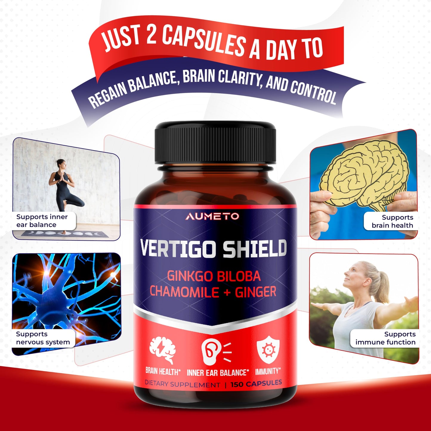 AUMETO Vertigo Support Complex with Ginkgo Biloba, Chamomile, Ginger, Vitamin D3, B12 - Advanced 14-in-1 Formula for Spinning Dizziness Inner Ear Balance*