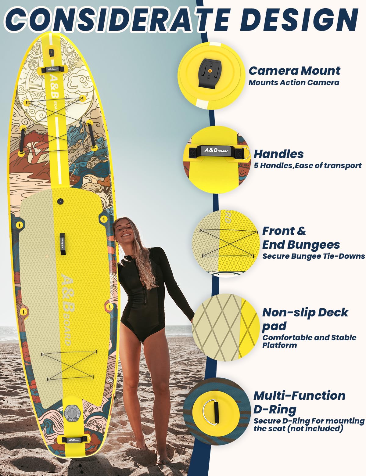 ABBOARD Inflatable Stand Up Paddle Board - 11 Ft Extra Wide Fishing Paddleboard with Sup Accessories for Beginner Adults Youth