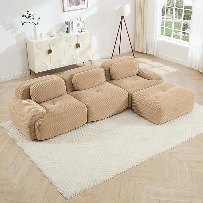 SoarFlash 117" Modern L-Shaped Modular Sectional Sofa for Living Room, Corduroy Upholstery Oversized 3-Seater Couch with Deep Seat and Movable Ottoman-No Assembly, Camel