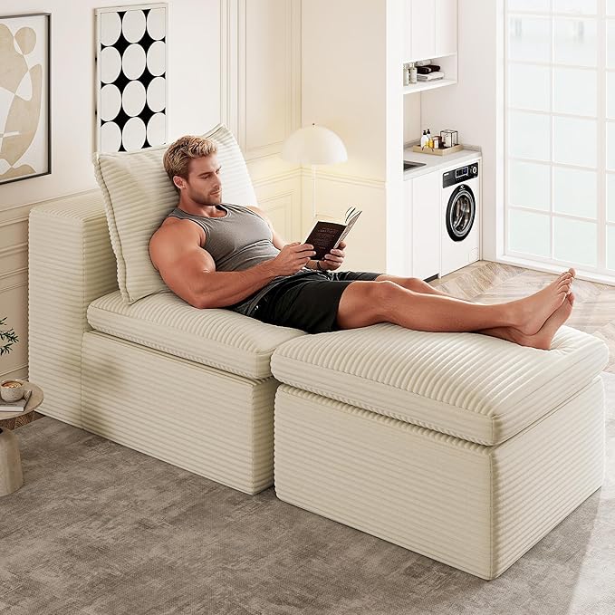 Buytime 65.6" Chaise Lounge Chair Indoor, Boneless Upholstered Sofa Bed, Corduroy Comfy Sleeper Chair for Living Room and Bedroom, Cream Beige
