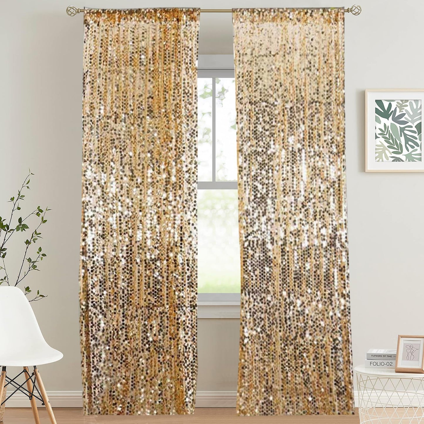 HH 9x9FT Big Gold Sequin Payette Backdrop Curtains Panels, Shimmer Sequin Photography Backdrop for Wedding Party Christmas Decoration