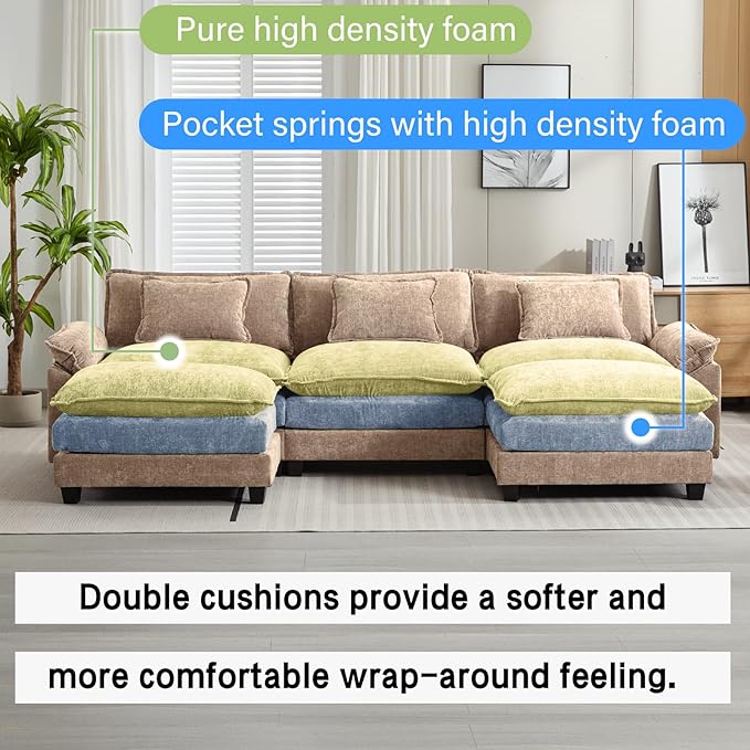 Oprisen 120" Modular Sectional Sofa, Comfy Cloud Couch Sectional Sofa with Ottoman, Chenille Sofa Sleeper Deep Seat Sofa with Throw Pillows for Living Room (Khaki, 120"- U Shape)