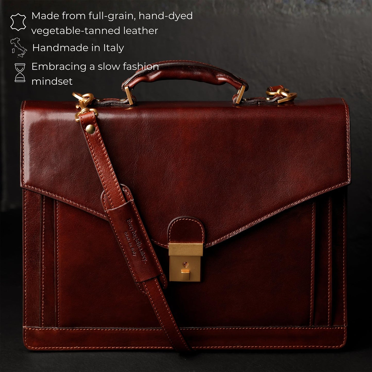 Time Resistance Leather Briefcase for Men - Business Laptop Bag - Italian Handmade Leather Bag - Attache - Gift Box Included (Brown)
