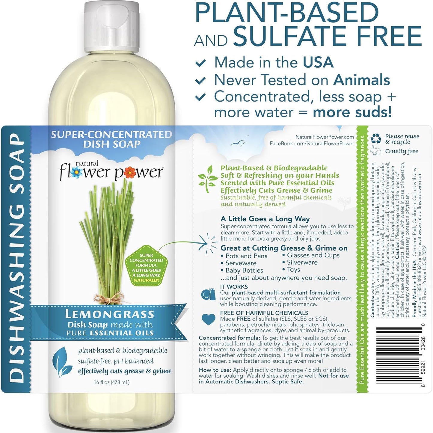 Natural Flower Power Liquid Dish Soap – Lemongrass – Plant-Based & Scented w/ Pure Essential Oils – Natural Liquid Dishwashing Detergent – Sulfate-Free Gentle Kitchen Soap – Vegan (16 Fl Oz 3 Pack)